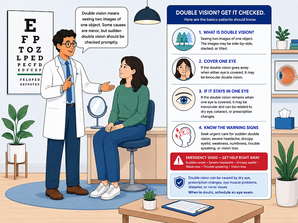 Doctor explains double vision to a seated patient in an eye clinic, beside an eye chart and infographic titled DOUBLE VISION? GET IT CHECKED.