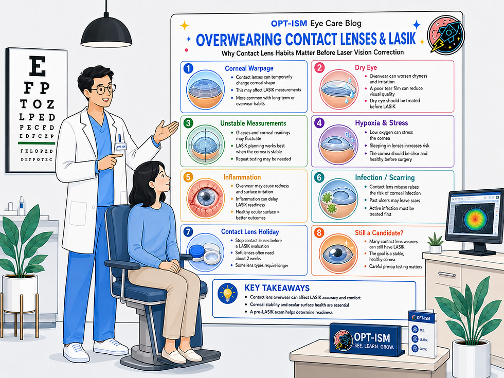 Doctor shows seated patient an eye-care infographic on overwearing contact lenses and LASIK in a bright clinic.