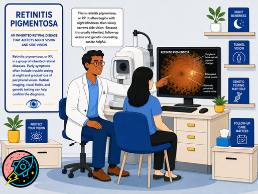 Doctor points to retinal scan with woman in eye clinic; infographic on retinitis pigmentosa, night blindness, tunnel vision.