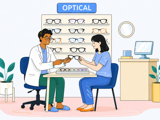 Optician helps a woman try on black eyeglasses in a bright optical shop, with frames on the wall and an OPTICAL sign.