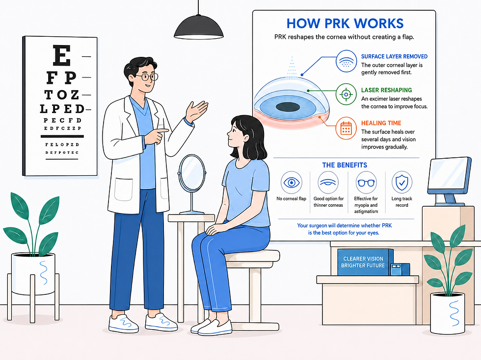 Doctor explains PRK eye surgery to seated patient in a clinic, beside a vision chart and poster reading HOW PRK WORKS.