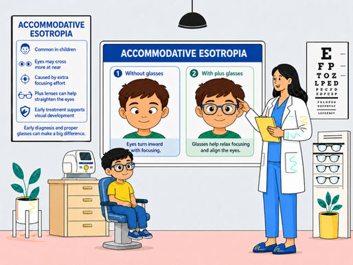 Doctor explains accommodative esotropia to a boy in an eye clinic, with posters, eye chart, and eyeglasses display.