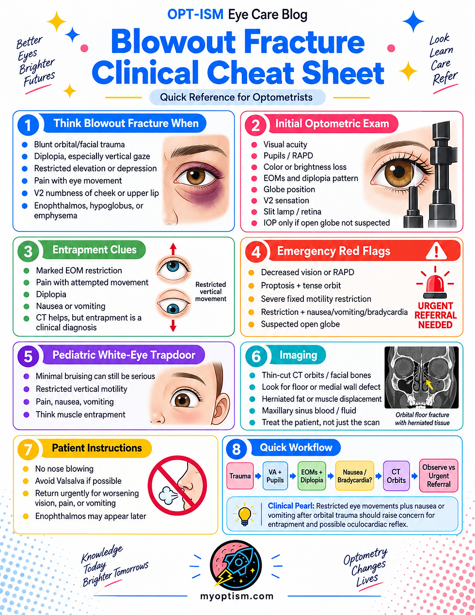 Infographic titled Blowout Fracture Clinical Cheat Sheet with eye exam tips, red flags, CT imaging, and patient instructions.