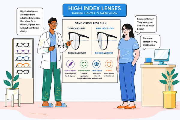 Optometrist teaching a patient about high index lenses