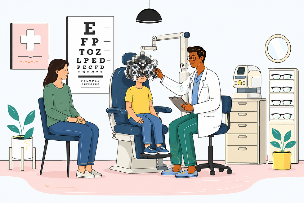 Optometrist in white coat conducts eye exam on child behind a phoropter. Mother sits nearby. Eye chart and glasses in background.