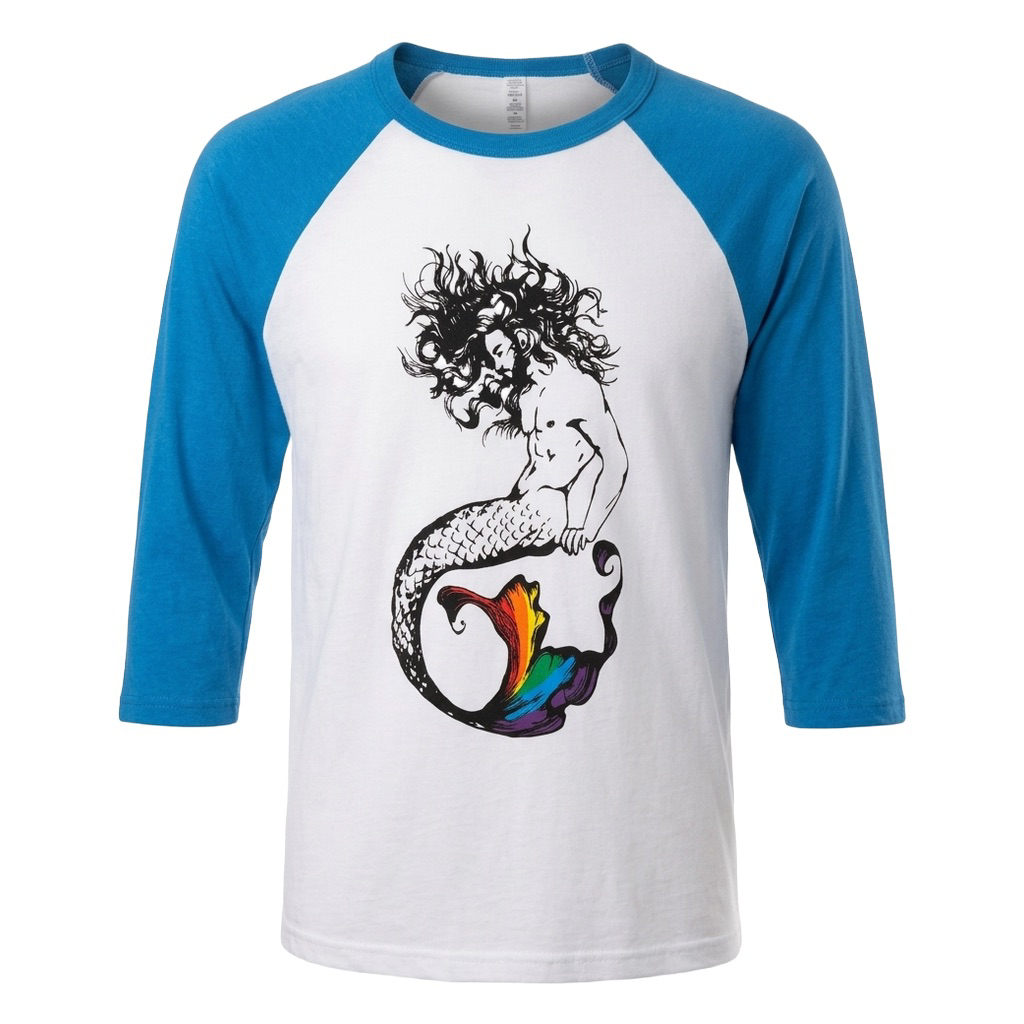Unisex Raglan/Baseball, White + Neon Blue