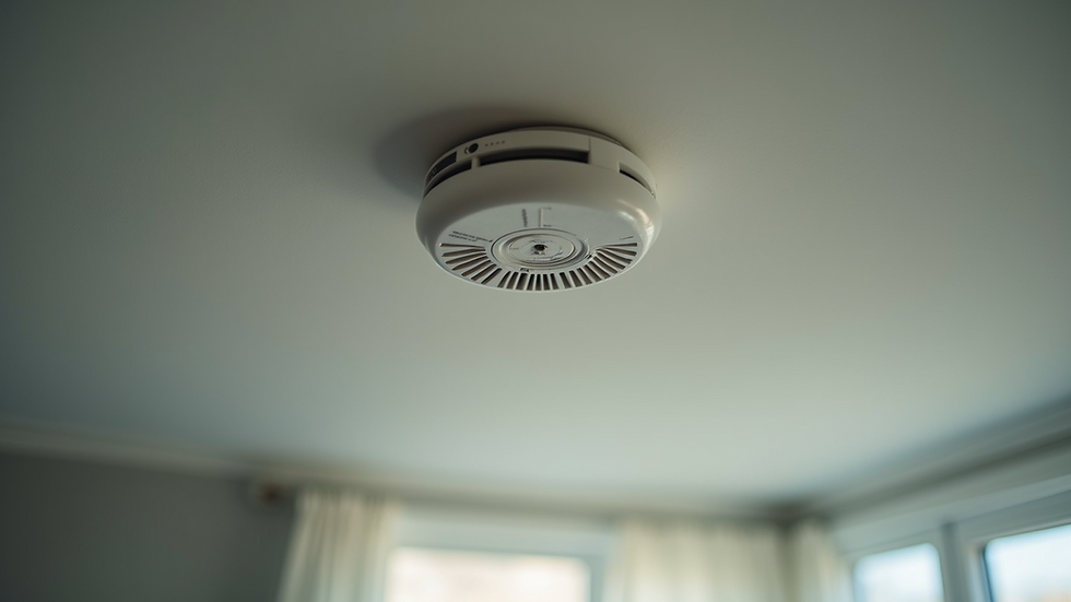 Close-up view of a smoke alarm installed on a ceiling