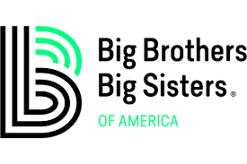 Logo for Big Brothers Big Sisters of America features a stylized "BB" in black and green, with text in black; green accent on "OF AMERICA."