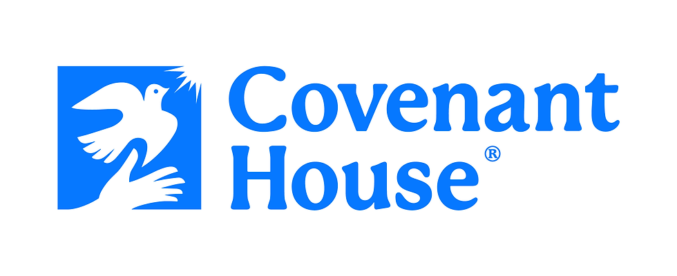 Covenant House logo: White dove and hand on blue background with text "Covenant House" in blue font, conveying peace and support.
