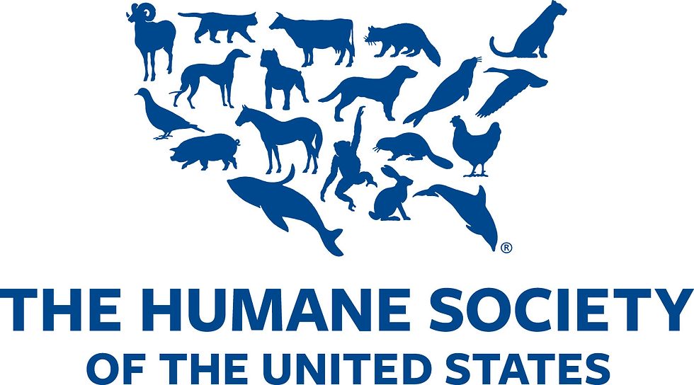 Silhouettes of various animals are arranged above blue text: "The Humane Society of the United States" on a white background.