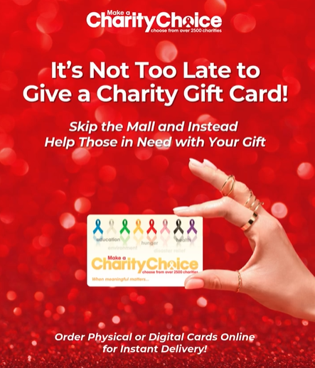 Hand holding a CharityChoice gift card on a red sparkling background with text promoting charity gift cards instead of traditional gifts.