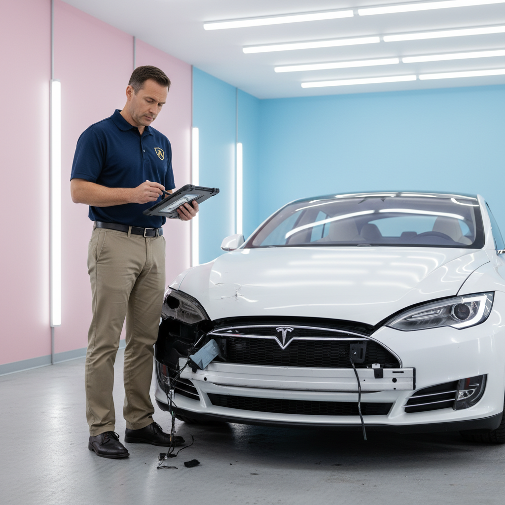 Man assessing damage to a white Tesla with a tablet in a bright room. Car's front is damaged. Background is pink and blue with lights.