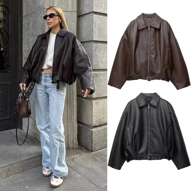 Vintage PU Leather Bomber Jackets 2026 Spring New Ladies Zipper Lapel Long Sleev