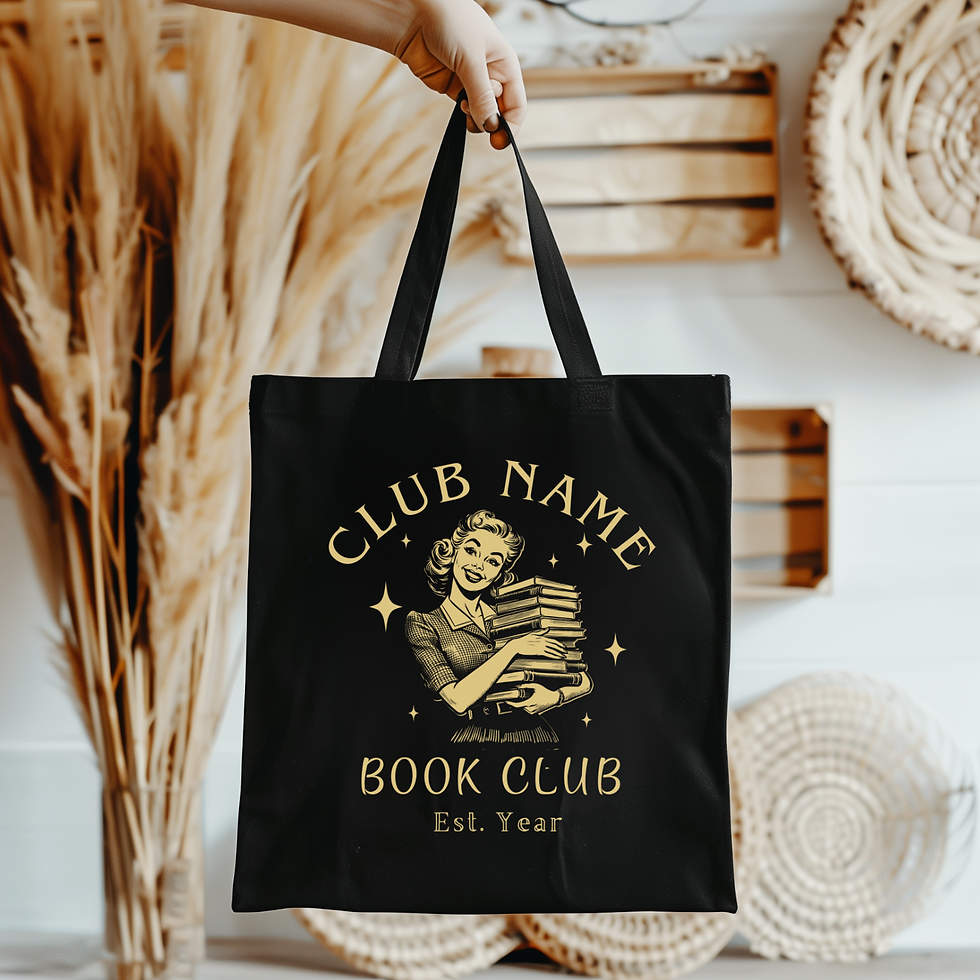 Black canvas tote with retro 1950's smiling woman holding a stack of books.  Add book club name and date