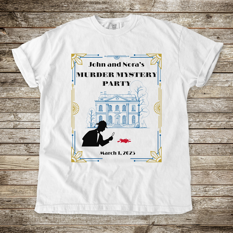 White Custom Murder Mystery Party T features old mansion, an English sleuth, a magnifying glass, and a puddle of blood