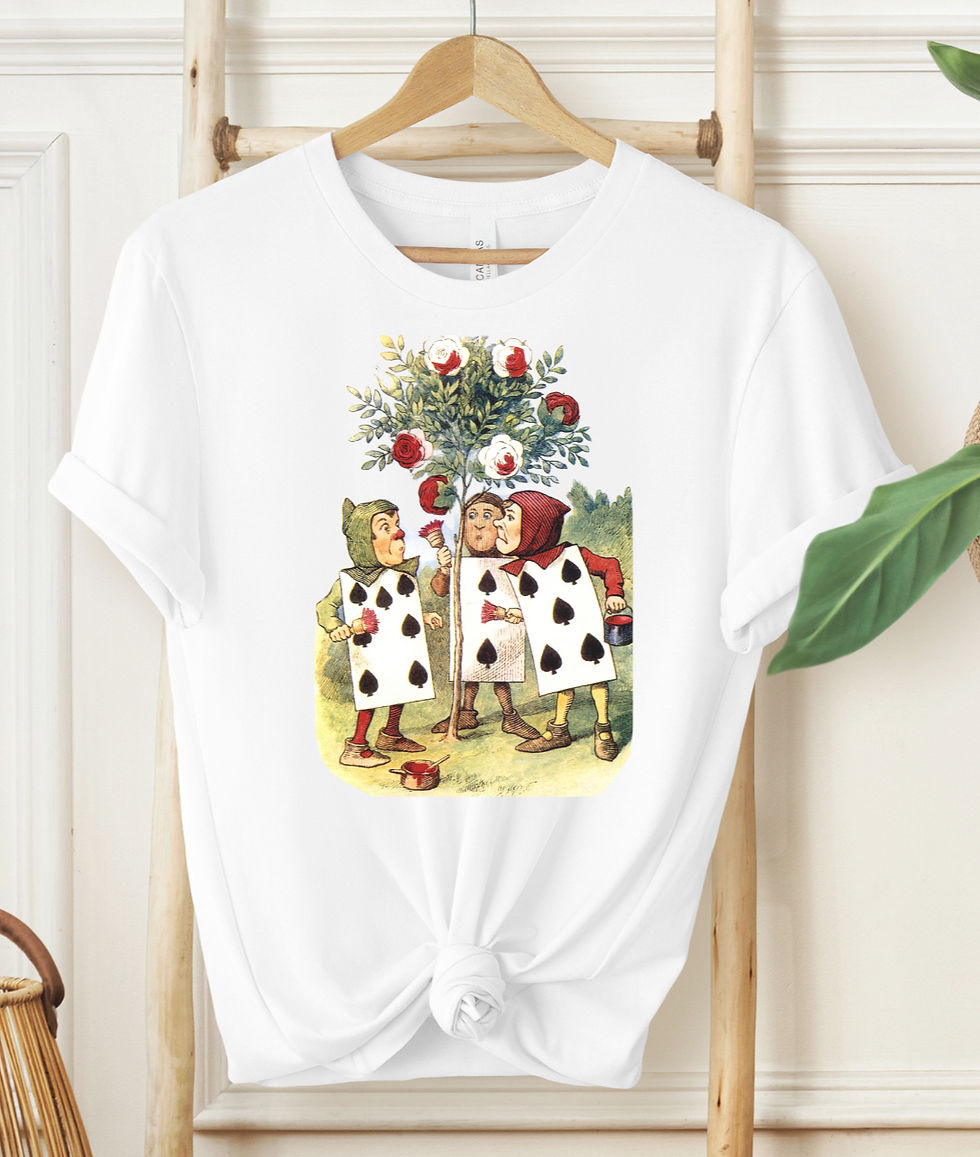 White short sleeve t-shirt with classic vintage illustration of Red Queens guards from Alices Adventures in Wonderland
