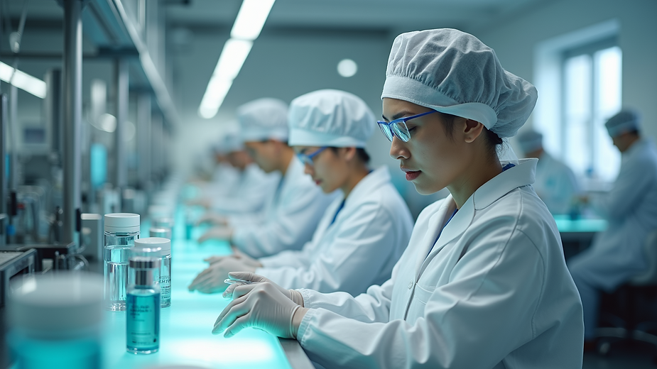 High angle view of a modern skincare manufacturing facility
