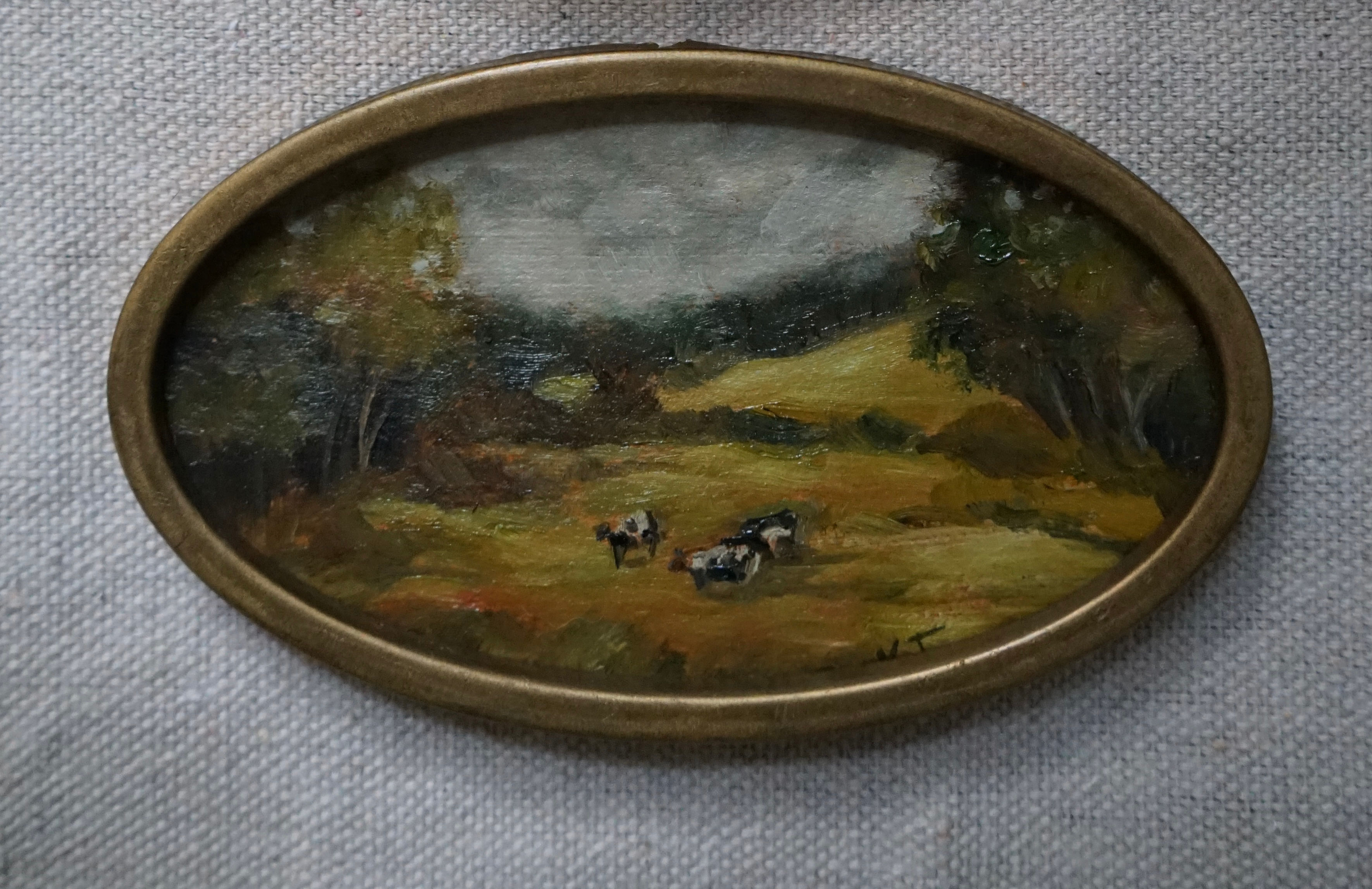 Original Tiny Oval Landscape With Cows