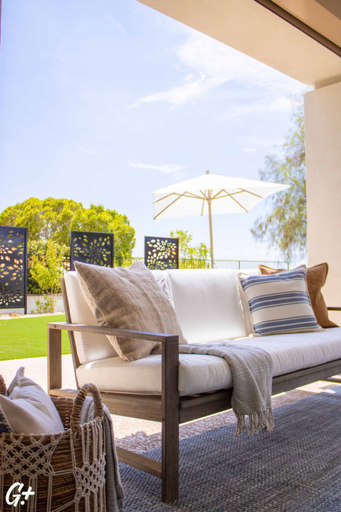 Pottery Barn Indio Driftwood outdoor sofa loveseat, outdoor table decor. Coastal style