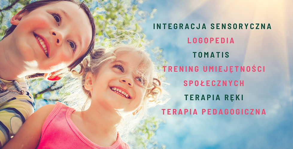 Obraz przedstawia dzieci i ofertę gabinetu Radość Zmysłów w Gdańsku: Integracja sensoryczna, logopedia, tomatis, trening umiejętności społecznych, terapia ręki, terapia pedagogiczna