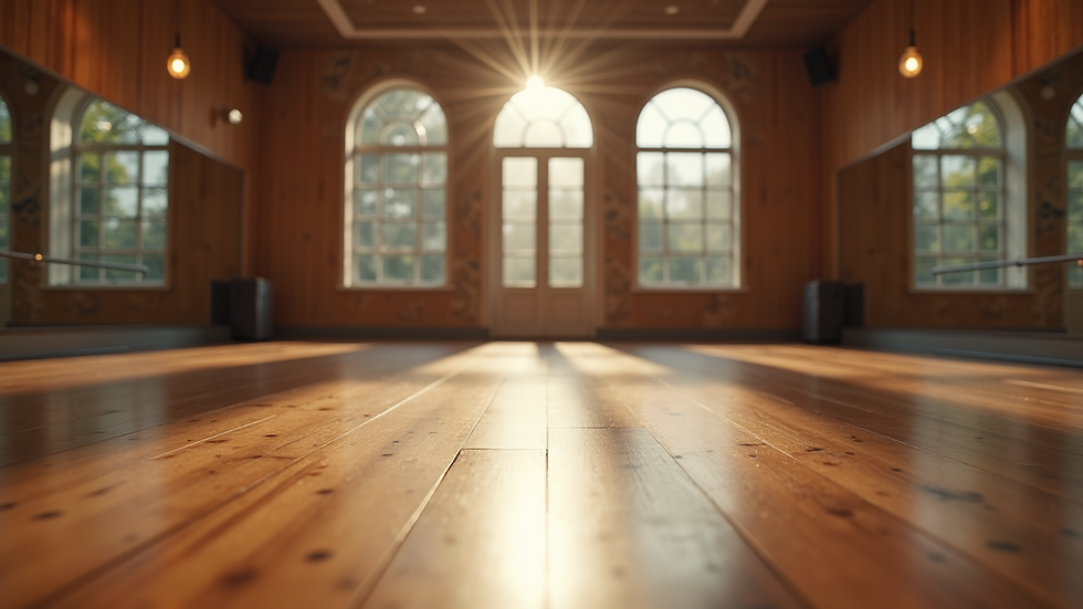 Eye-level view of a dance studio with wooden floors and mirrors