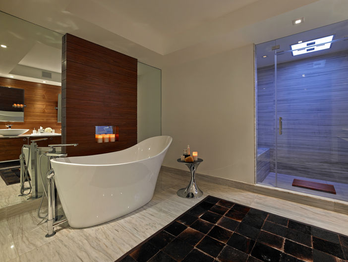 Modern bathroom interior design with bathtub and walk-in shower