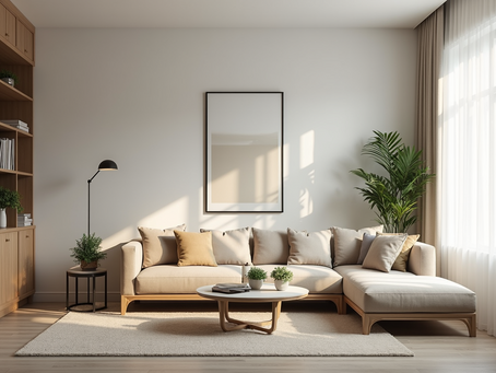 Eye-level view of a modern living room with stylish furniture and natural light