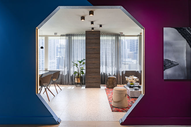 Modern living room design, seen through an octagonal opening