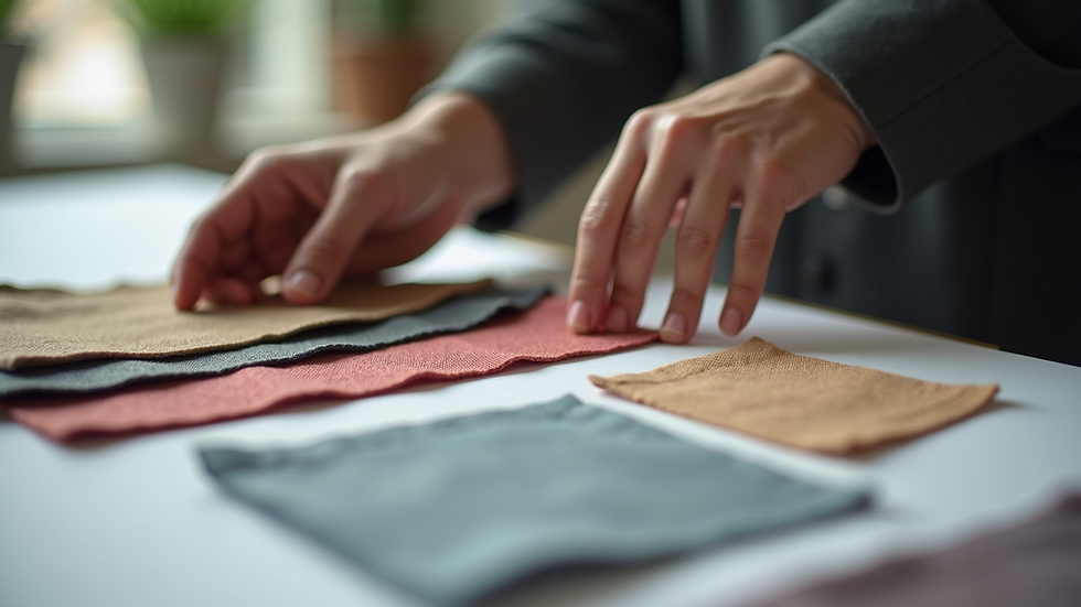 Close-up view of a designer’s hand selecting fabric swatches on a table