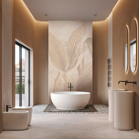 Modern bathroom with a white freestanding tub, minimalist fixtures, wood accents, large leaf-patterned mural, and natural light from a window.