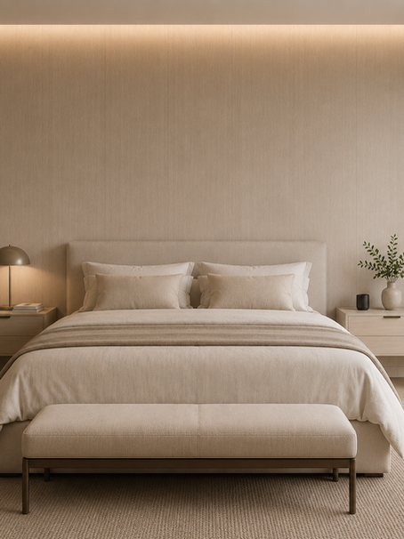 Bespoke luxury hospitality lounge featuring high-end linear wood veneer wall panels behind a modern green velvet sofa and contemporary design accents.