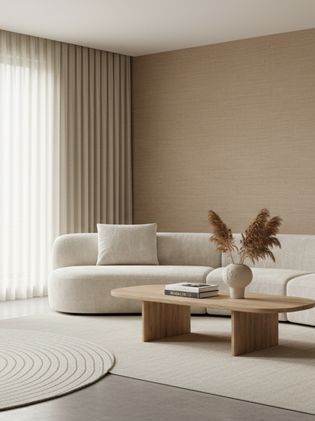 Wide-angle view of a neutral living room with textured wallpaper behind a curved sofa