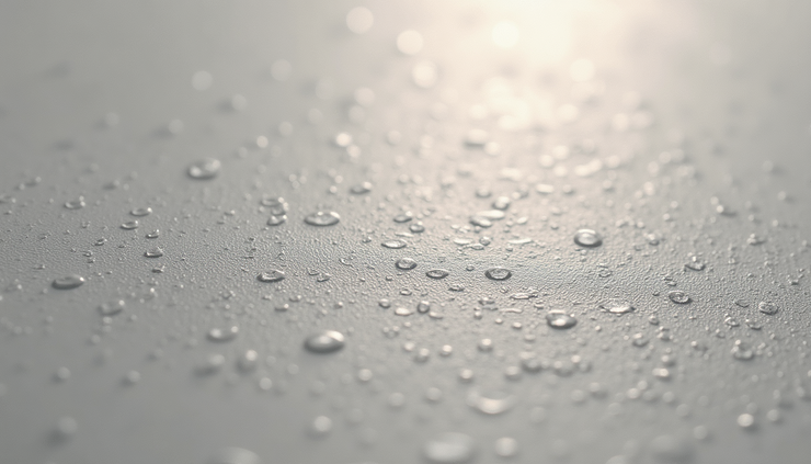 Close-up of water droplets scattered across a smooth, light gray surface. The soft lighting creates a calm and serene atmosphere.