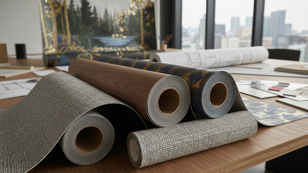 Close-up view of wallpaper rolls with various patterns and textures