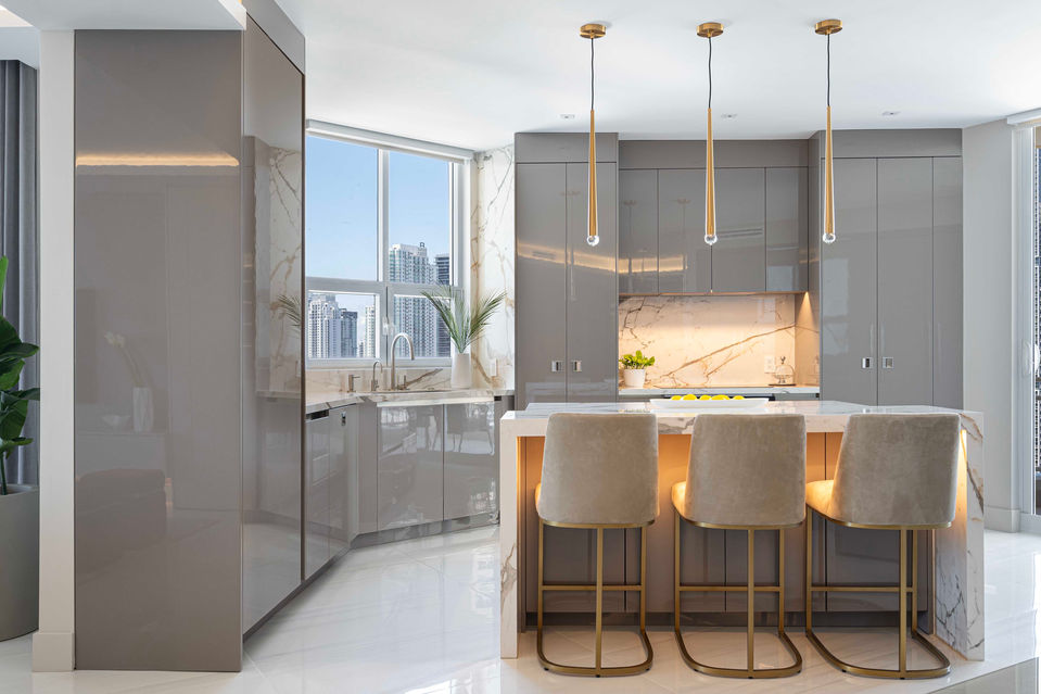 Modern kitchen interior design with gold accents