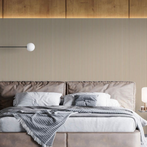 Beige bedroom wallcovering, modern bed
