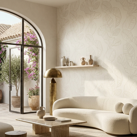 Elegant Mediterranean living room with a large arched door opening to a Spanish courtyard, featuring an accent wall in a cream and white large-scale leaf outline wallpaper (pattern TWC42601) by The Wallpaper Company.