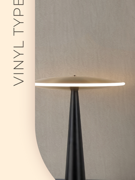 Close-up of Dress Your Wall Vinyl Type II wallcovering featuring a subtle, high-performance horizontal texture, styled with a modern black and gold architectural table lamp.