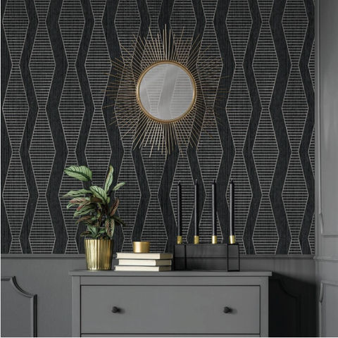 Dark gray wavy wallpaper with mirror and decor