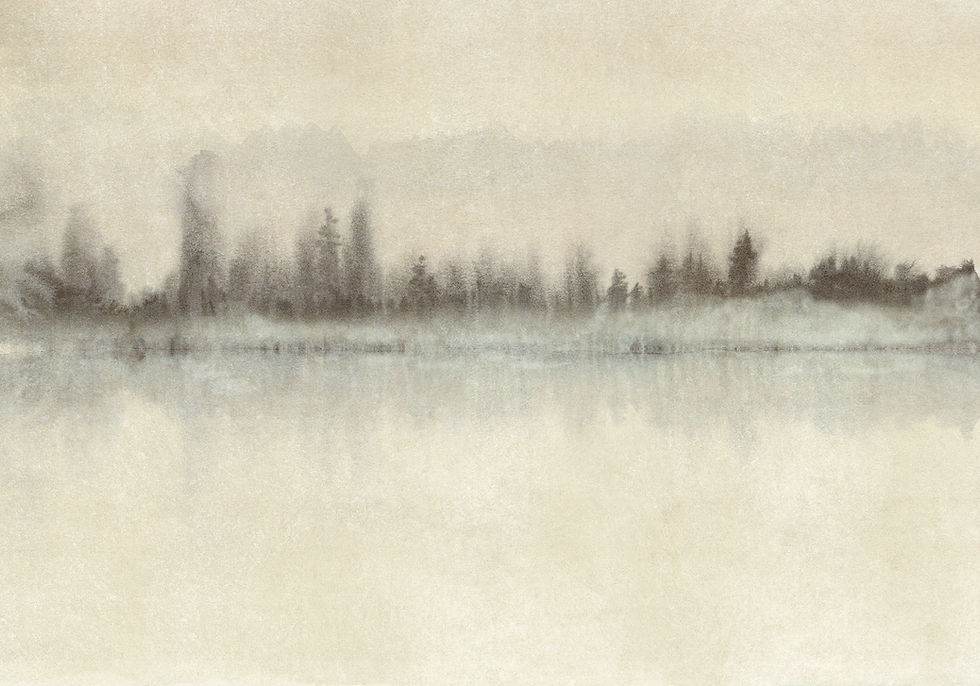 Misty, serene landscape with blurry silhouettes of trees reflected in still water; soft neutral tones create a tranquil mood.