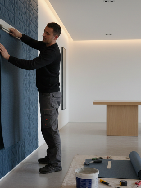 Eye-level view of a professional wallpaper installer smoothing wallpaper on a living room wall