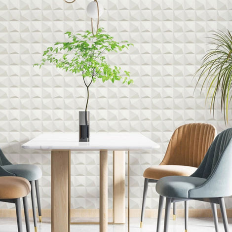White 3D wall panels in dining room