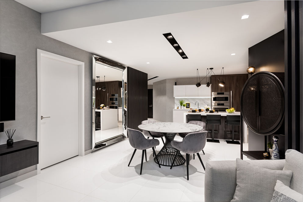 Modern dining area with kitchen view