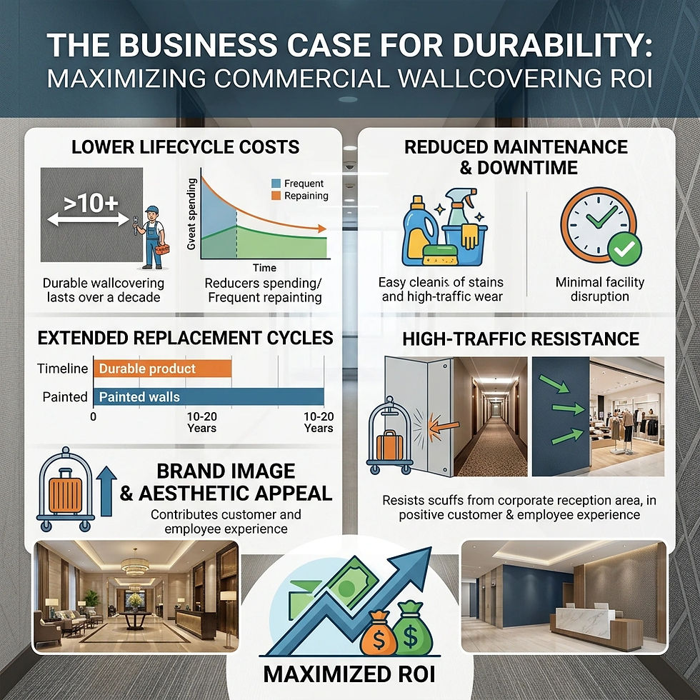 Infographic on durable commercial wallcovering ROI: lower costs, less maintenance, high-traffic resistance, better brand image.