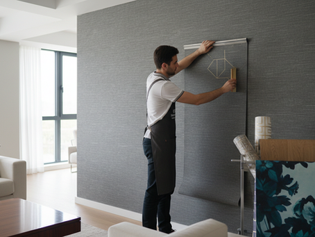 Eye-level view of a professional wallpaper installer smoothing wallpaper on a living room wall