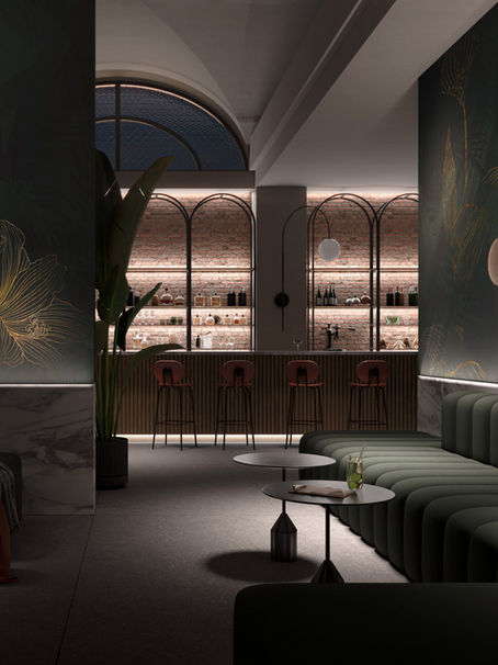 Elegant lounge with green sofas, patterned dark walls, and a marble bar counter. Warm lighting, plants, and a drink on a round table.
