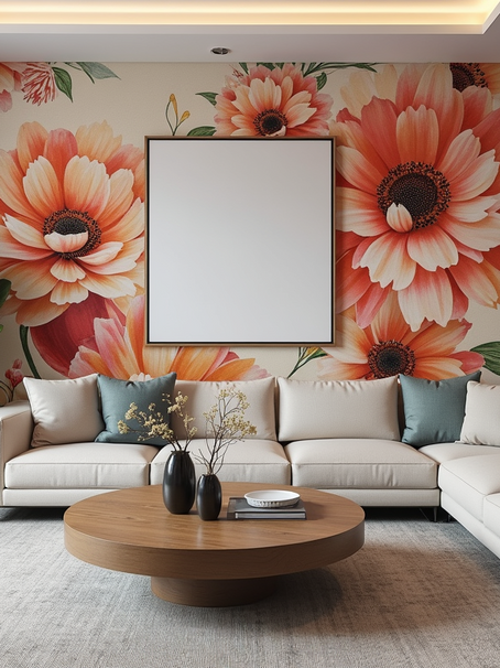 Eye-level view of a modern living room with a bold floral wallpaper accent wall