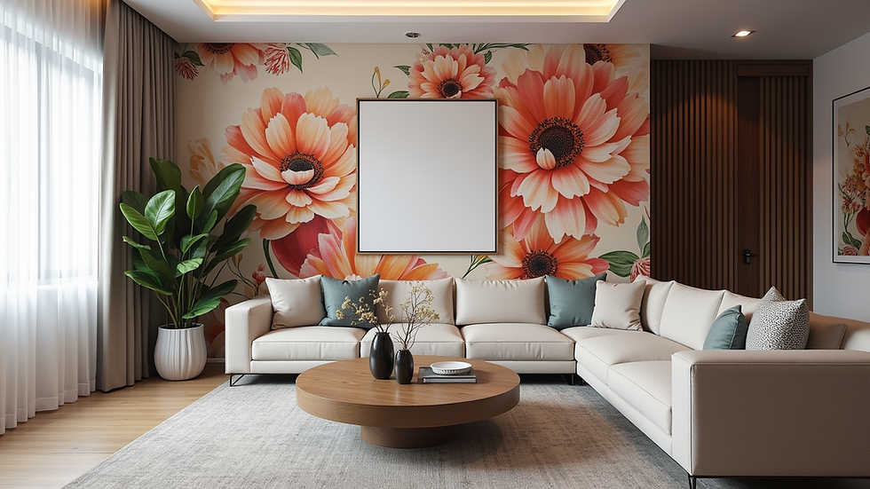 Eye-level view of a modern living room with a bold floral wallpaper accent wall