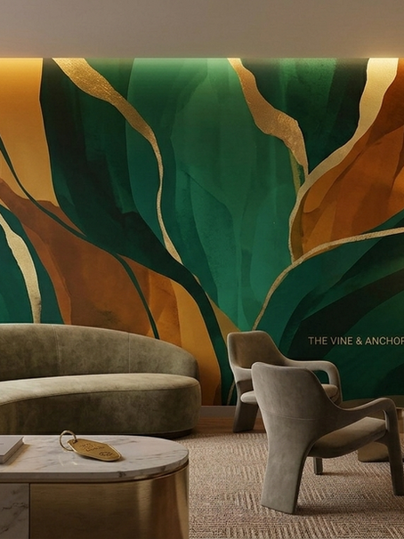 A luxury hospitality lobby lounge featuring a striking custom digitally printed Type II vinyl mural wallcovering from the Dress Your Wall collection, creating a memorable social media feature area.