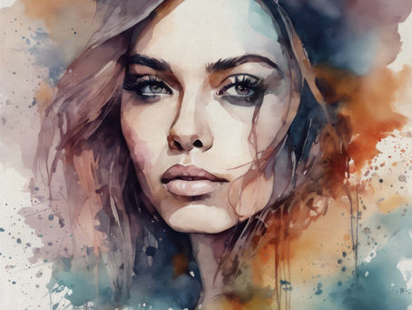 Watercolor portrait of a woman with long hair, vivid splashes of blue, orange, and brown, conveying a serene and introspective mood.